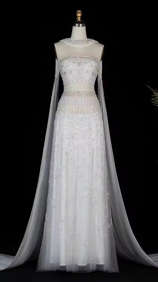 Jeweled Neckline Gown with Matching Chiffon Cape