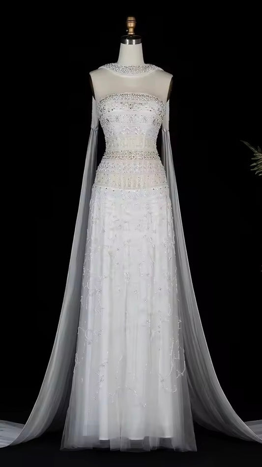 Jeweled Neckline Gown with Matching Chiffon Cape