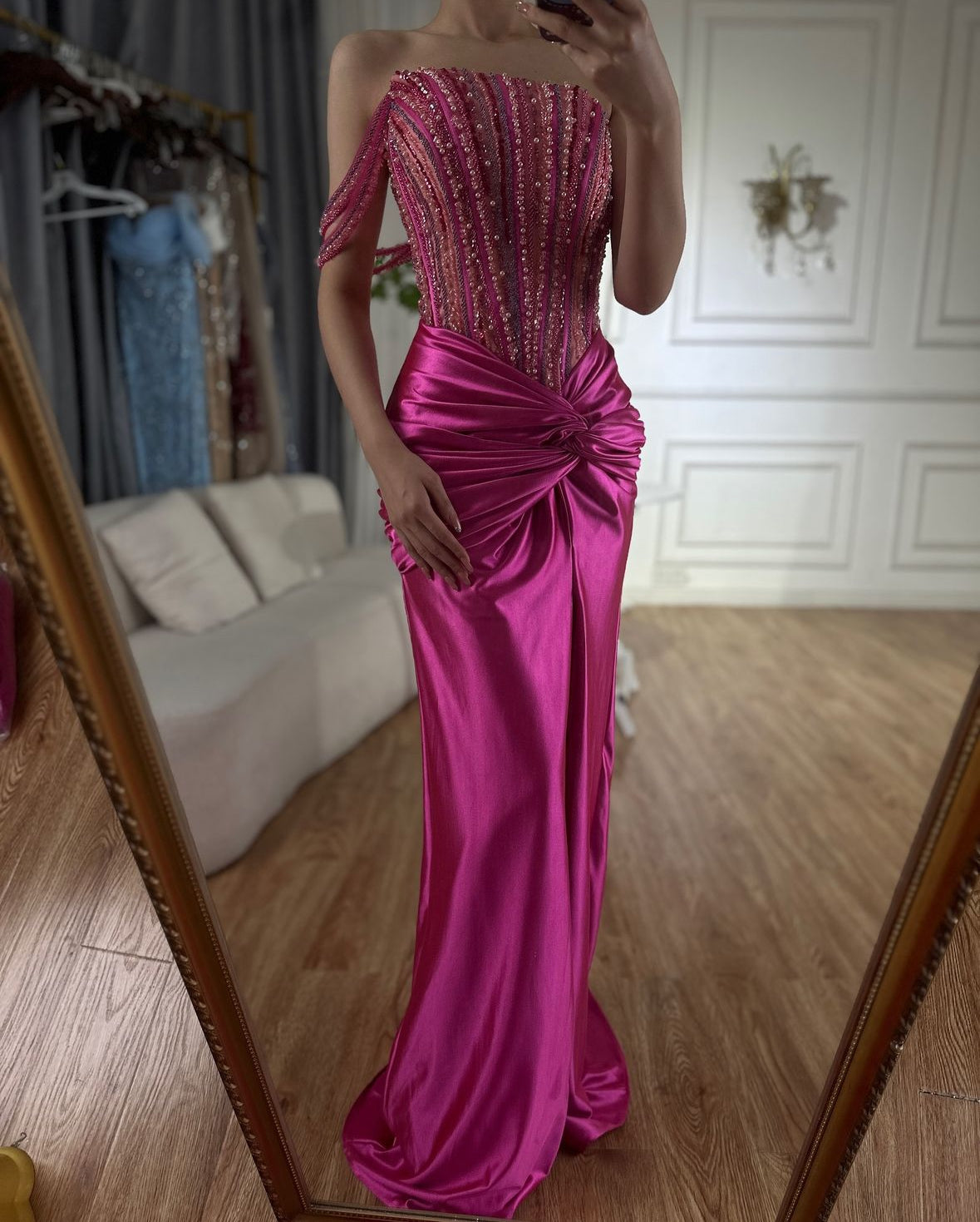 Fuchsia One Shoulder Side Split Mermaid Luxury Evening Gown Beaded