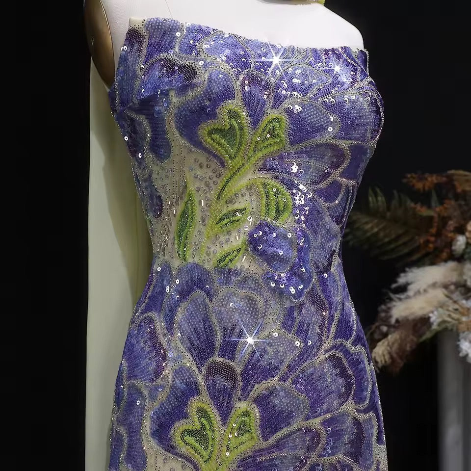 Strapless Floral Sequin Gown with Matching Scarf
