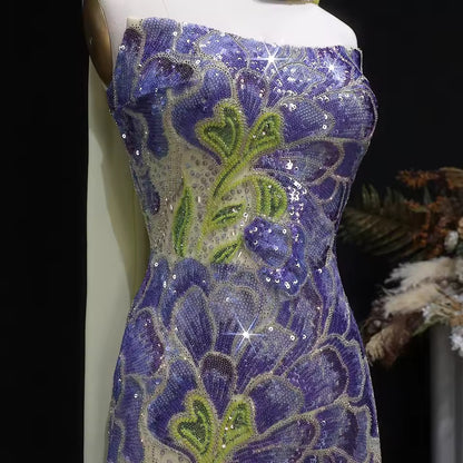 Strapless Floral Sequin Gown with Matching Scarf