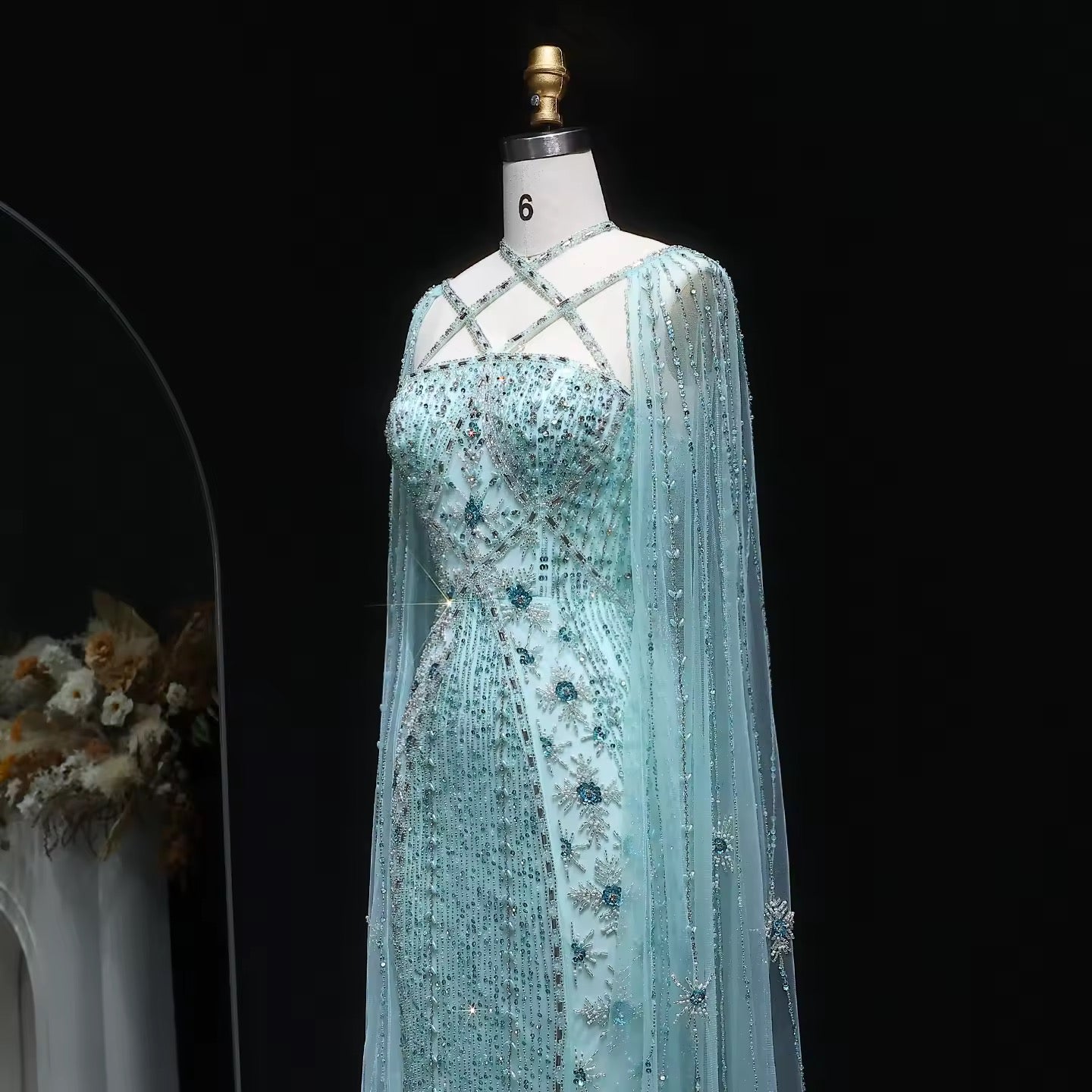 Elegant Beaded Gown with Open Sleeves and Crystal Detailing