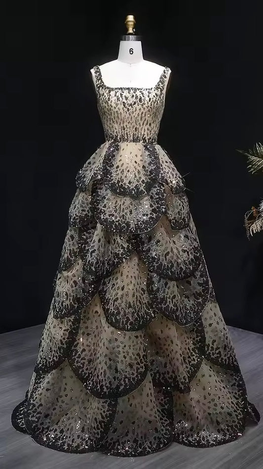 Luxury Champagne & Black Sequin Gown with Scalloped Tiers
