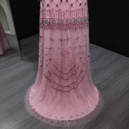 Pink Long-Sleeve Tiered Beaded Gown