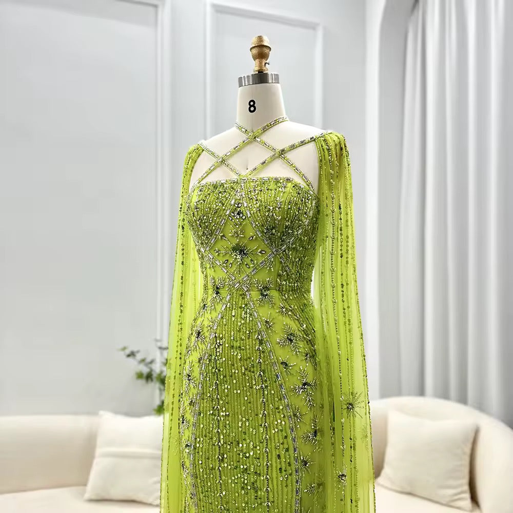 Elegant Beaded Gown with Open Sleeves and Crystal Detailing