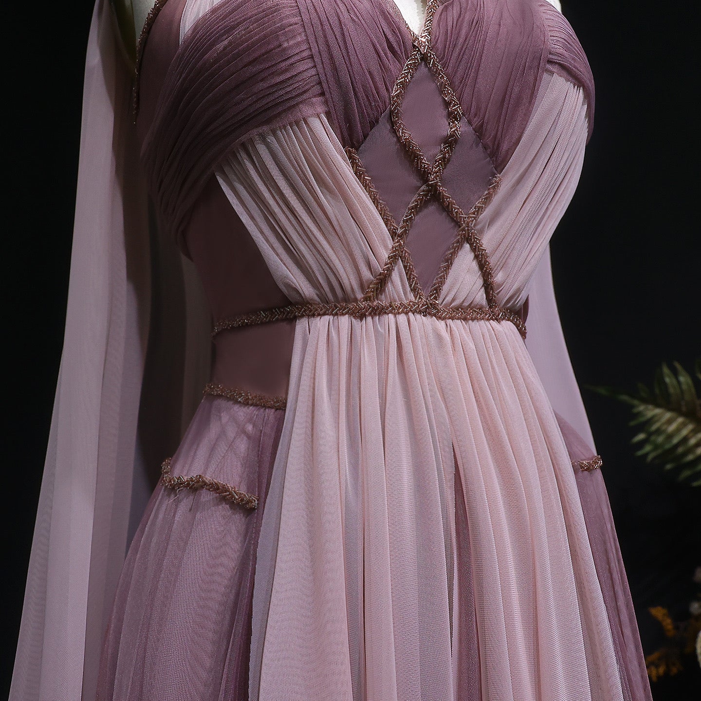 Pink Grecian Draped Gown with Chiffon Cape and Criss-Cross Back Detail