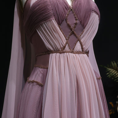 Pink Grecian Draped Gown with Chiffon Cape and Criss-Cross Back Detail