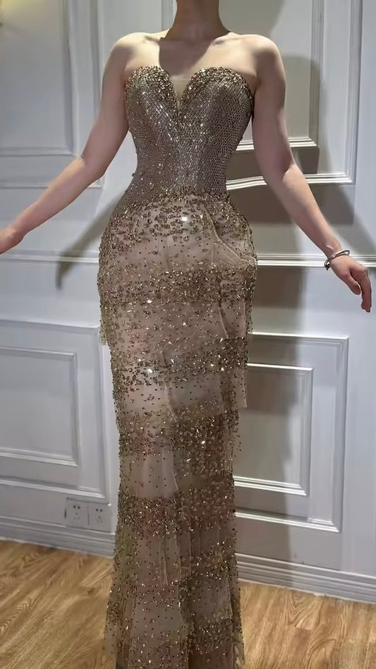Gold Strapless Sequined Evening Gown with Tiered Crystal Drapes
