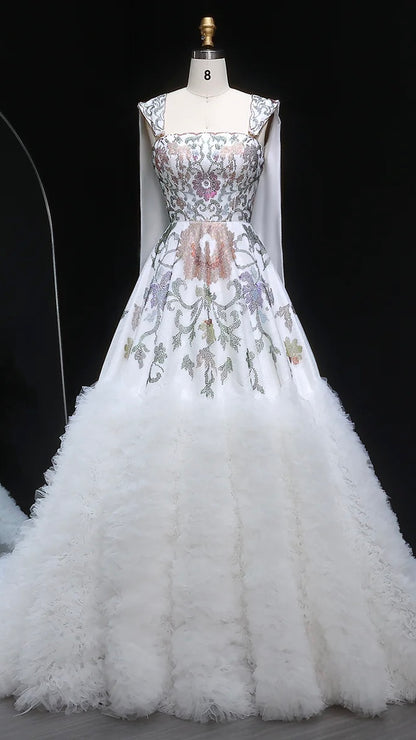 Crystal-Embroidered Couture Gown with Regal Drapes