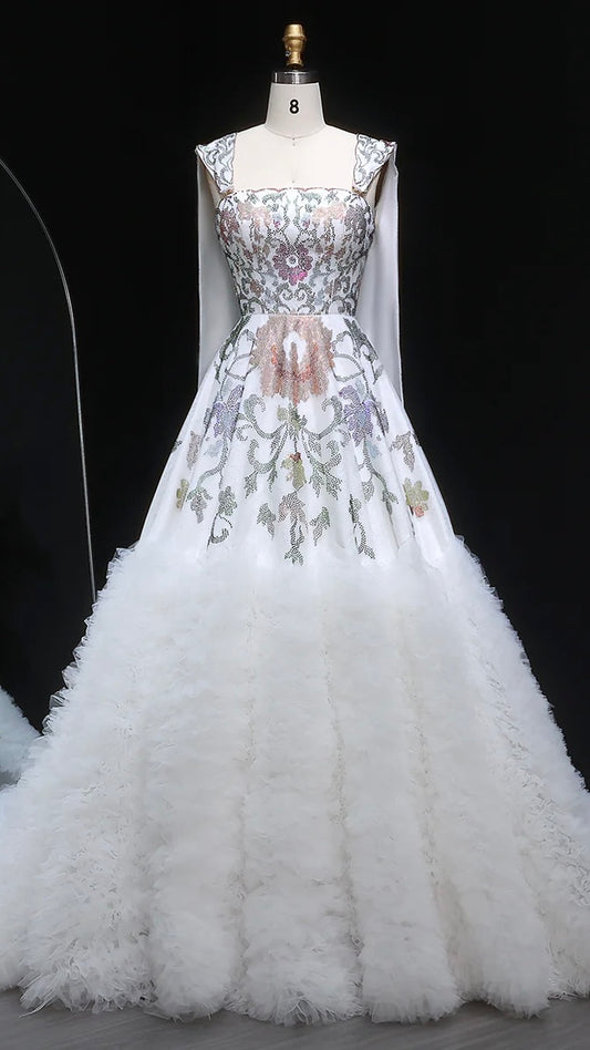 Crystal-Embroidered Couture Gown with Regal Drapes