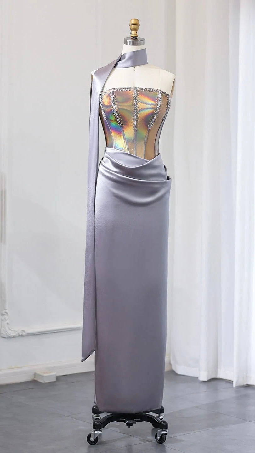 Elegant Strapless pink-Gray Satin Evening Dress with Scarf Luxury Crystal