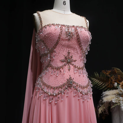 Dusty Rose Pleated Chiffon Gown with Chandelier Beading
