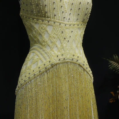 Exquisite Yellow Beaded Halter Neck Deep V Gala Gown