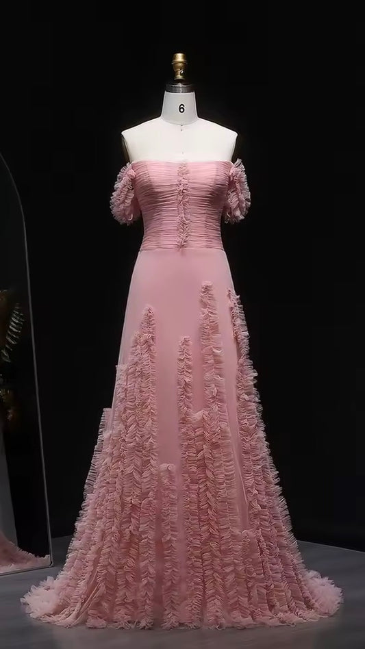 Pink tulle dress with soft pleated embroidery and feminine off-shoulder design