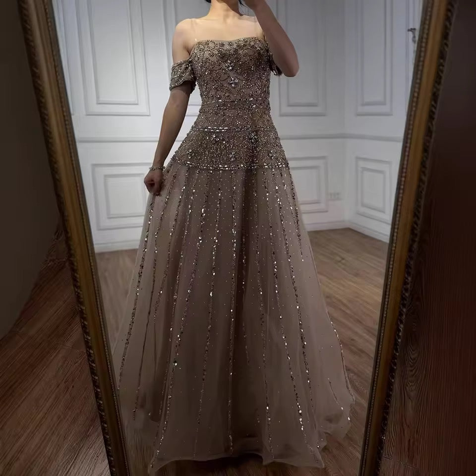 Elegant Linear Beaded Evening Dress with Sculpted Silhouette