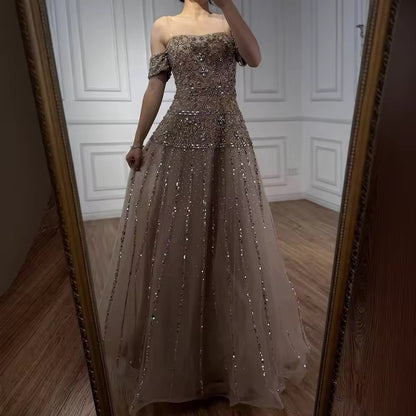 Elegant Linear Beaded Evening Dress with Sculpted Silhouette
