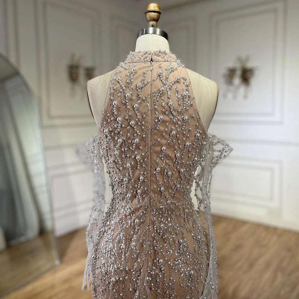 Luxury Pearls Beaded Evening Dress White Nude