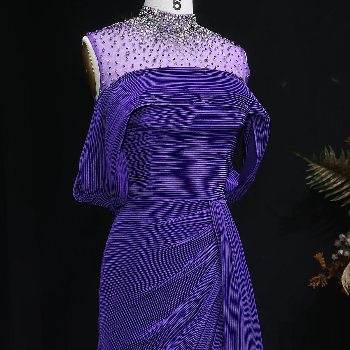 Crystal-Neckline Pleated Satin Gown