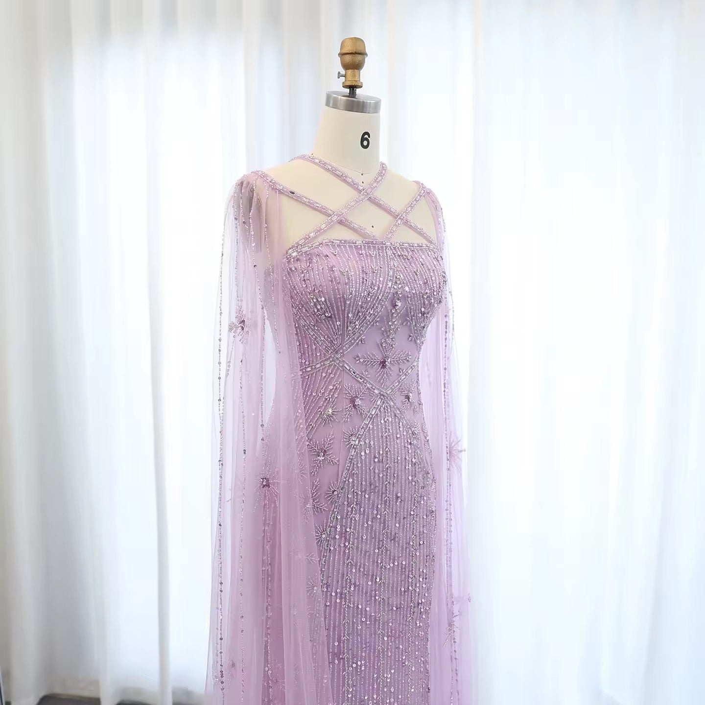 Elegant Beaded Gown with Open Sleeves and Crystal Detailing