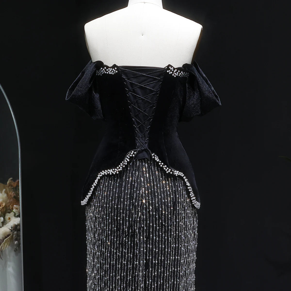 Black Velvet Pearl-Embellished Evening Gown