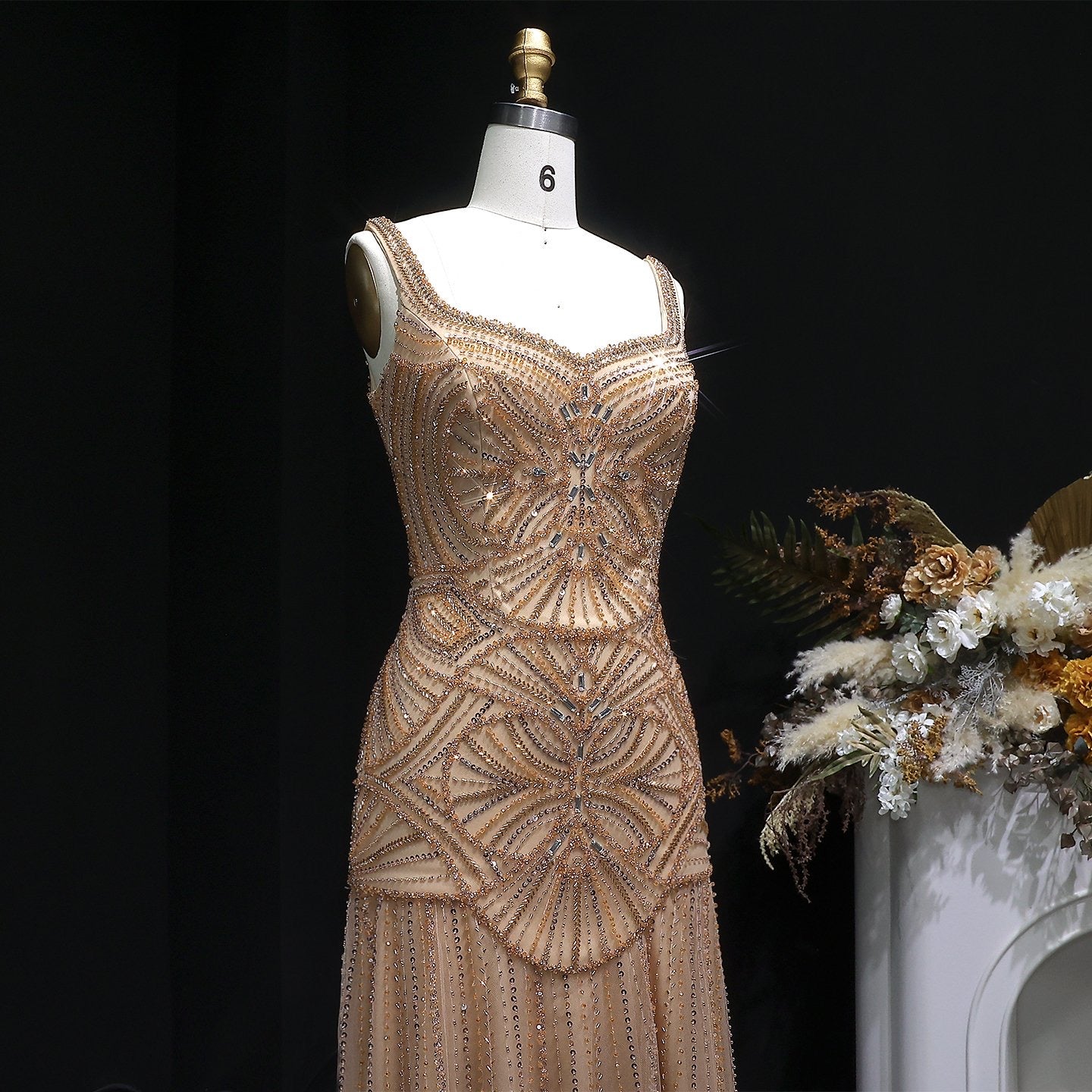Art Deco Beaded Tulle Evening Dress