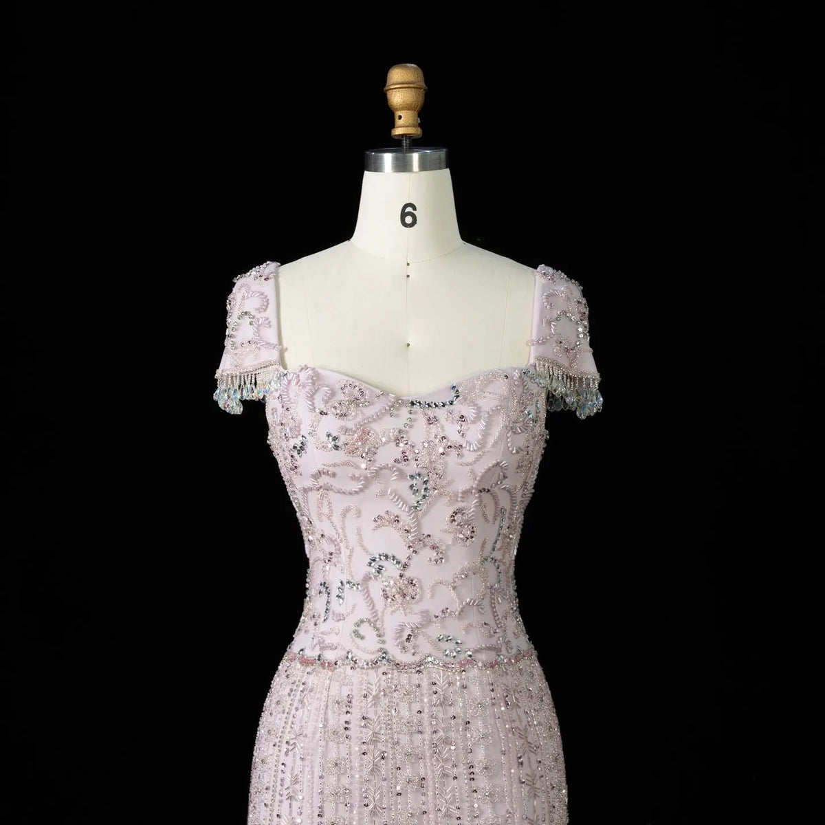 Royal Evening Gown with Cascading Crystal Beads and Floral Patterns