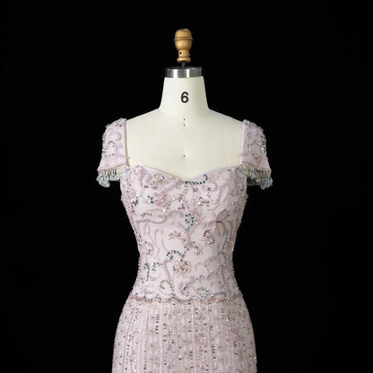 Royal Evening Gown with Cascading Crystal Beads and Floral Patterns