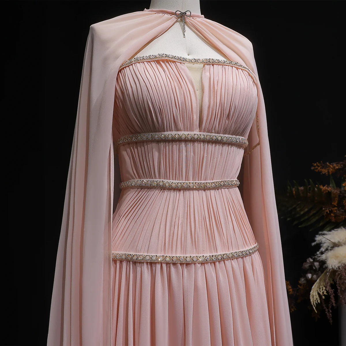 Crystal-Trimmed Cape Evening Dress