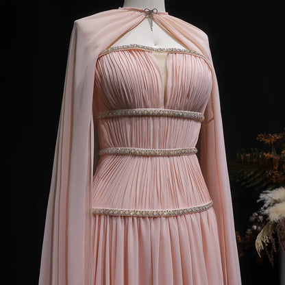 Crystal-Trimmed Cape Evening Dress