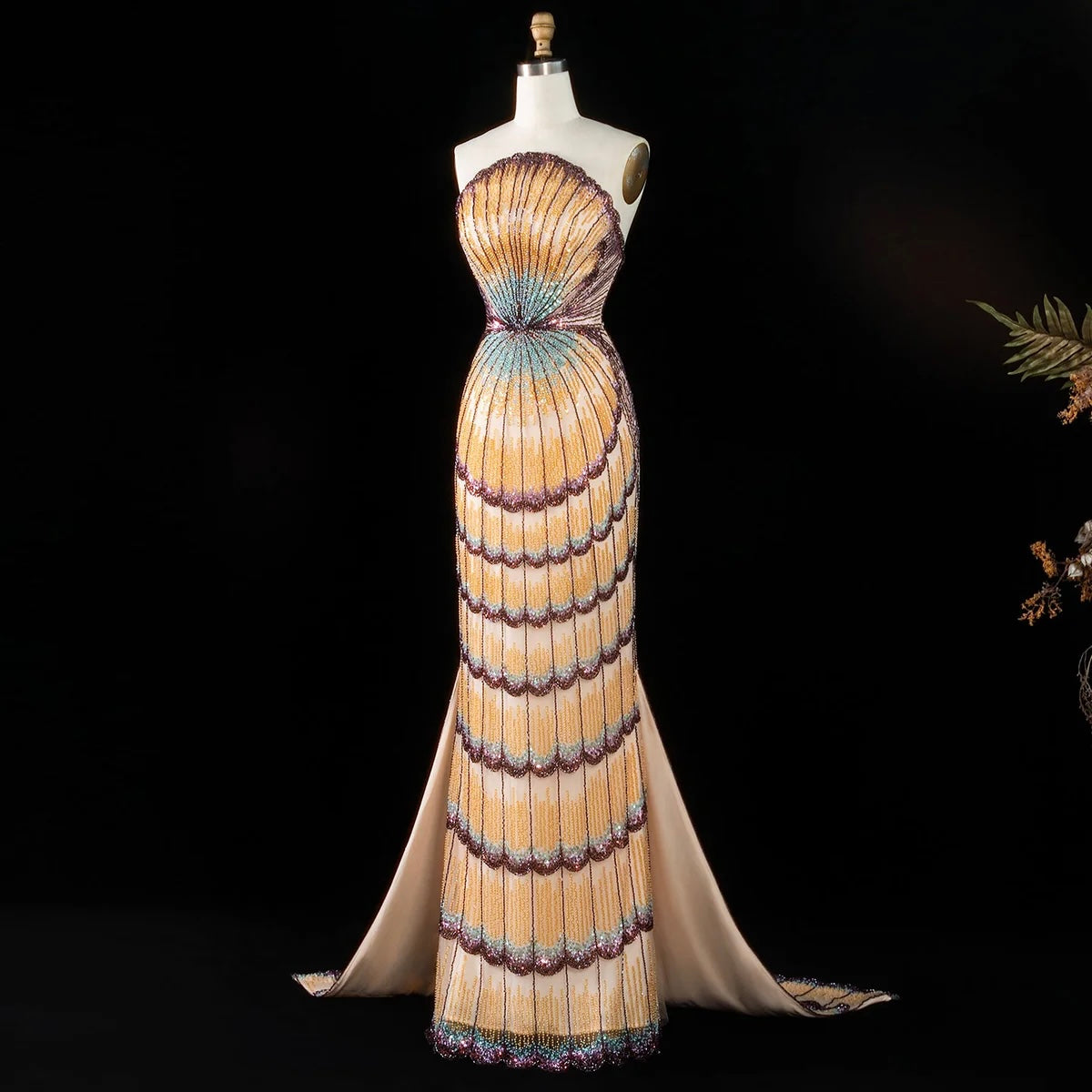 Art Deco Scalloped Crystal Mermaid Gown with Detachable Train