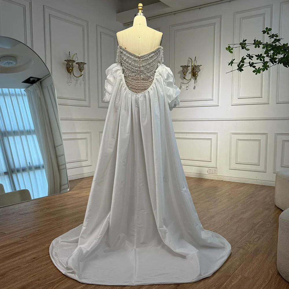 “Pearl Symphony” Luxury Crystal Gown with Flowing White Drape