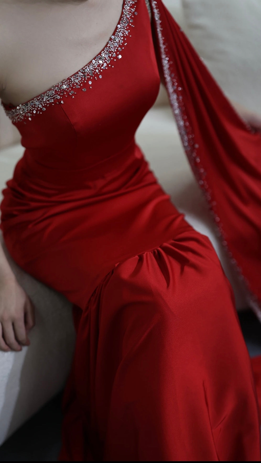 Red dress with long crystal scarf