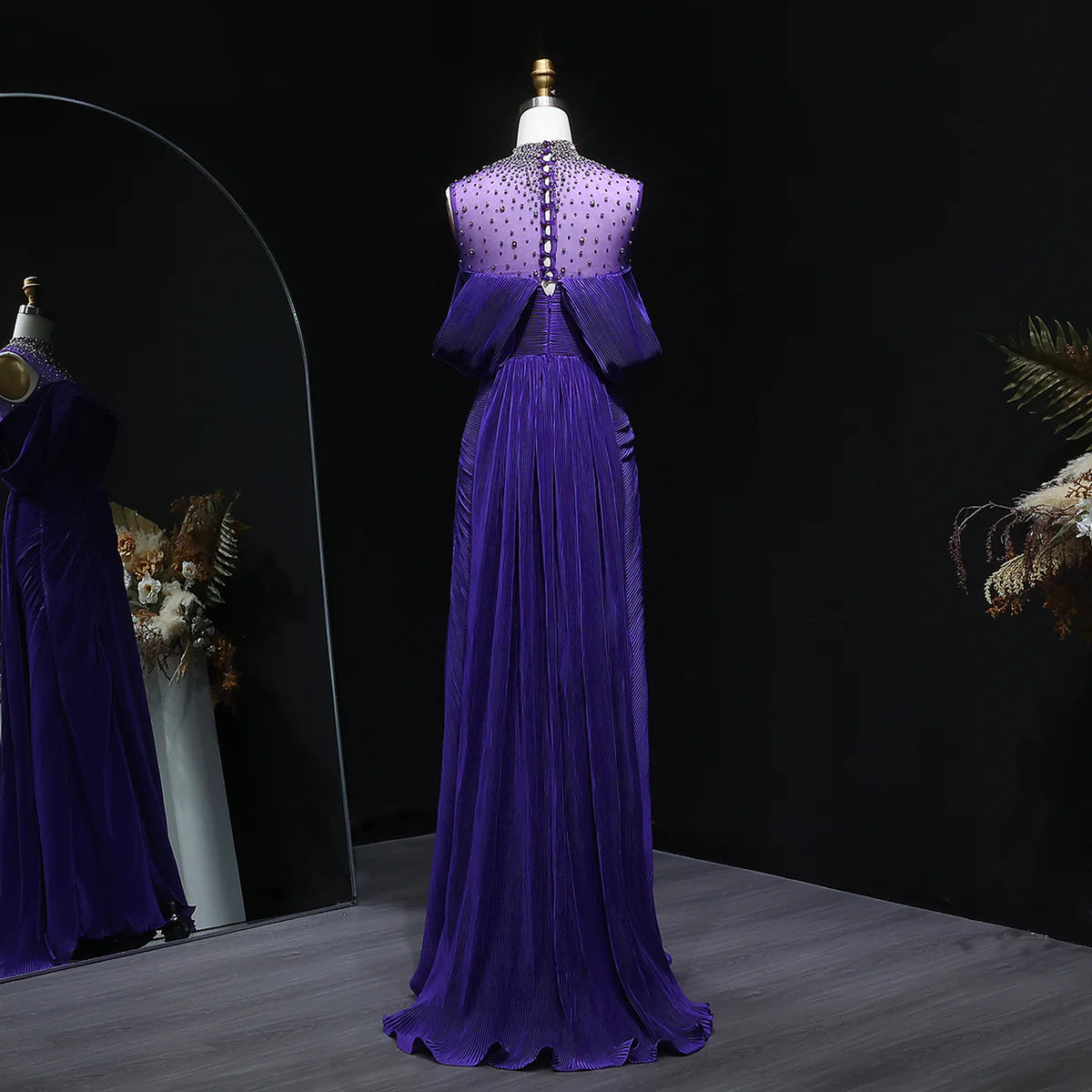 Crystal-Neckline Pleated Satin Gown