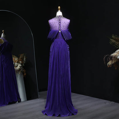 Crystal-Neckline Pleated Satin Gown