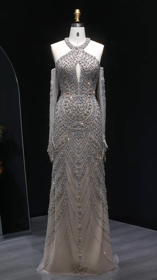 Crystal Embellished Gown with Draped Crystal Gloves and High Neck Cutout Detail