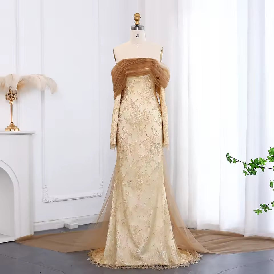 Draped Tulle & Lace Gown with Sheer Flow Cape