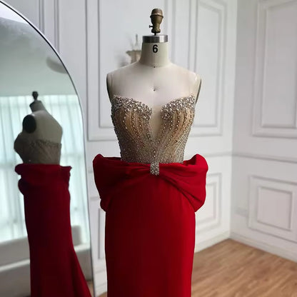 Red Evening Gown with Statement Bow & Luxurious Beading