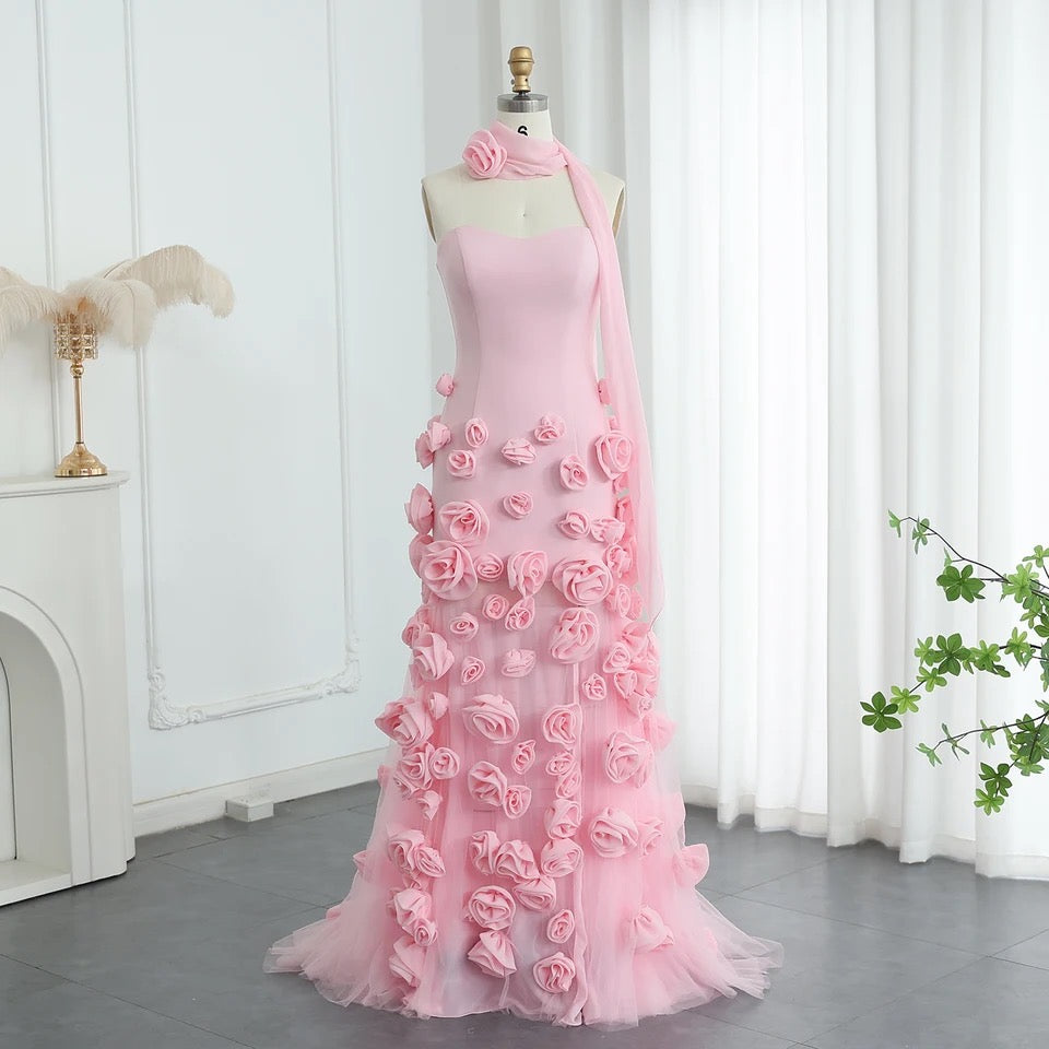 Baby Pink 3D Flowers Evening Dress