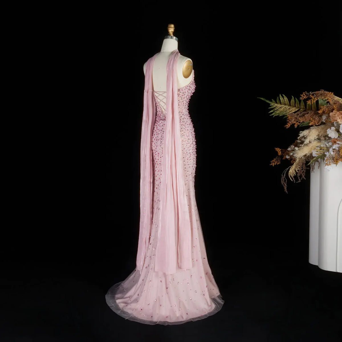 Glamorous Blush Pink Form-Fitting Dress with Two Cape Styles