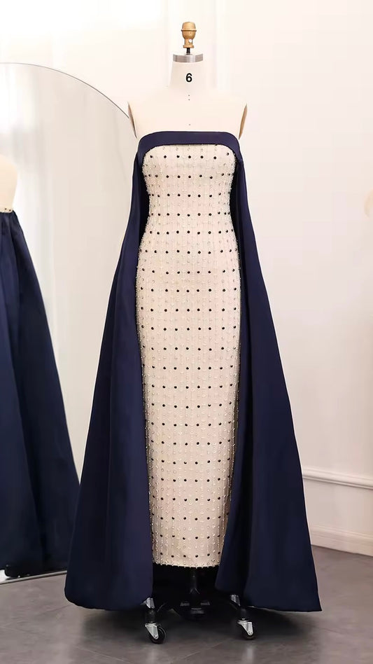 Navy Blue White Strapless Luxury Evening Dress with Cape Midi