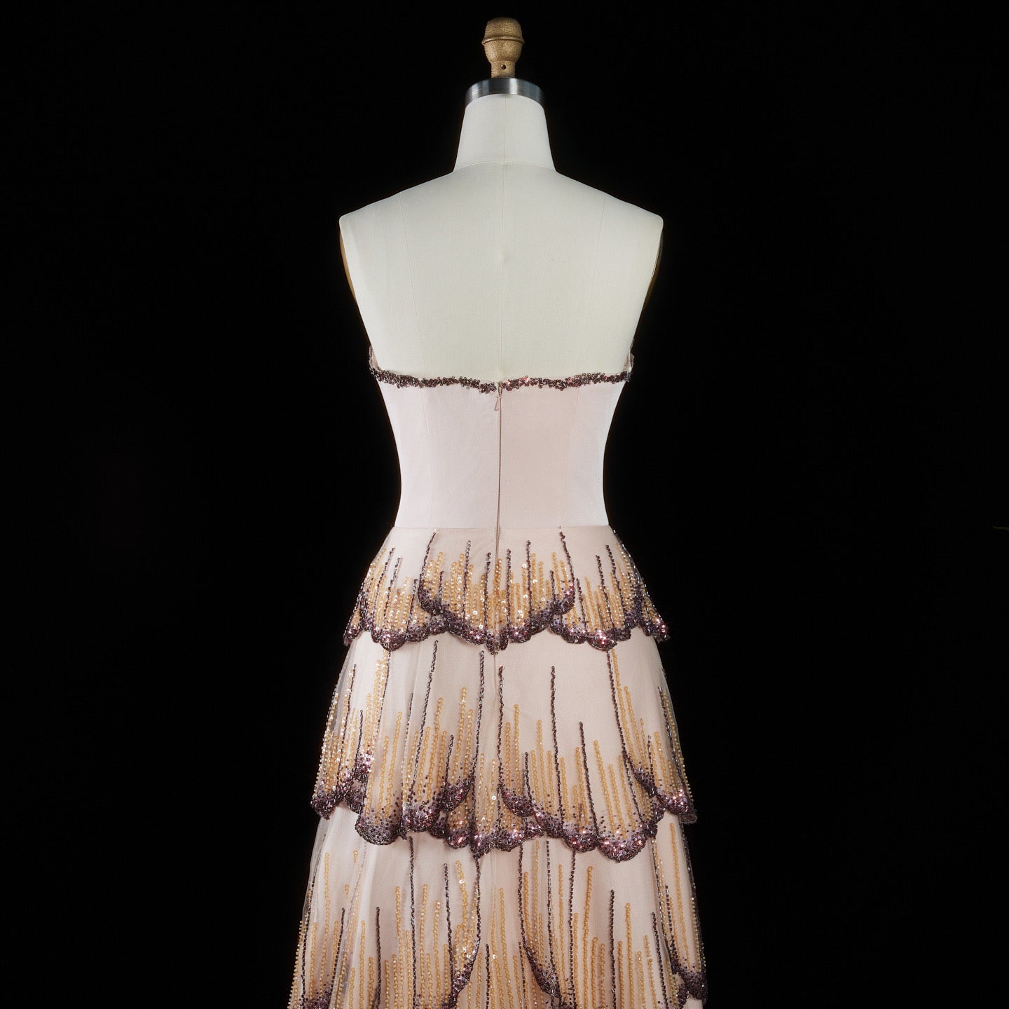 Tiered Crystal-Embellished Gown with Scalloped Petal Layers
