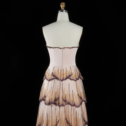 Tiered Crystal-Embellished Gown with Scalloped Petal Layers
