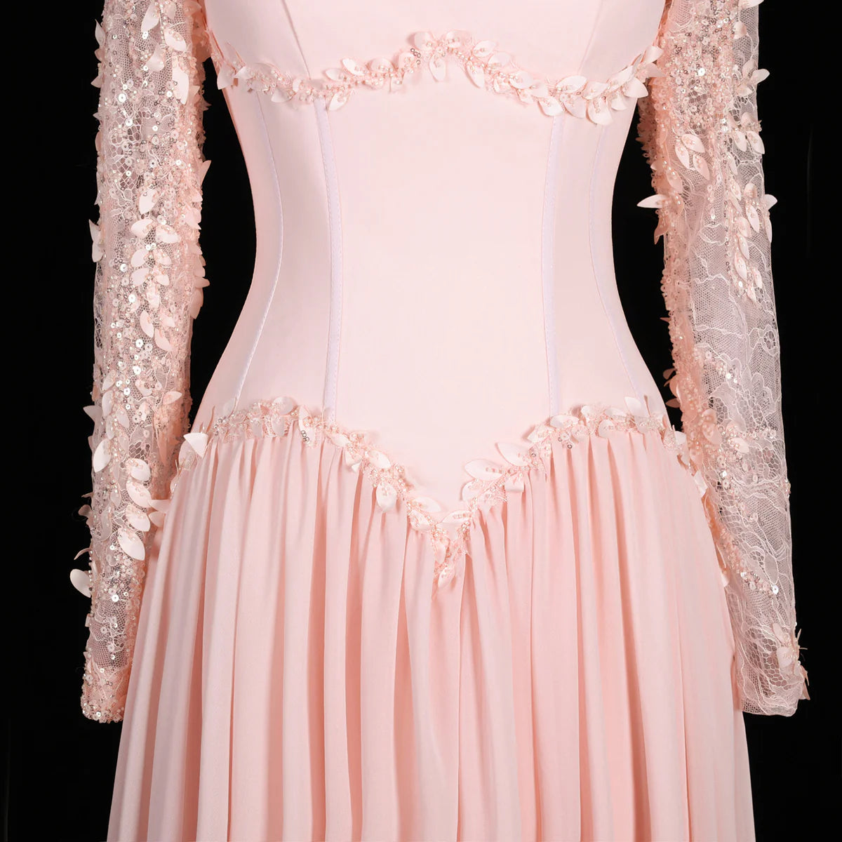 Baby Pink Long-Sleeve Evening Gown with Embellished Lace & V-Waist