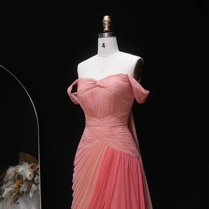Coral Pink Off-the-Shoulder Chiffon Gown with Cascading Draping & Train