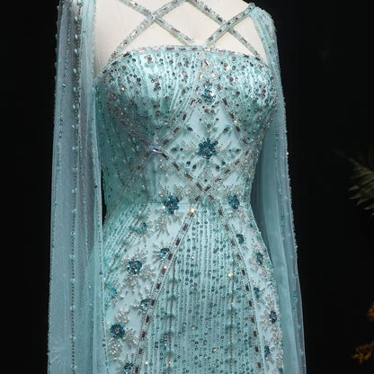 Elegant Beaded Gown with Open Sleeves and Crystal Detailing
