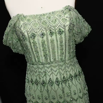 Crystal Glow” Gown – Off-shoulder embellished evening dress, available in two sleeve styles