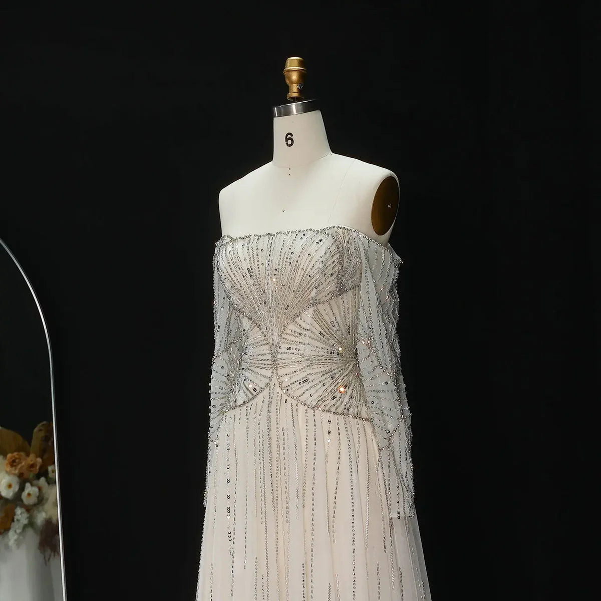 Luxury Off-the-Shoulder Gown with Radiating Linear Crystal Embroidery