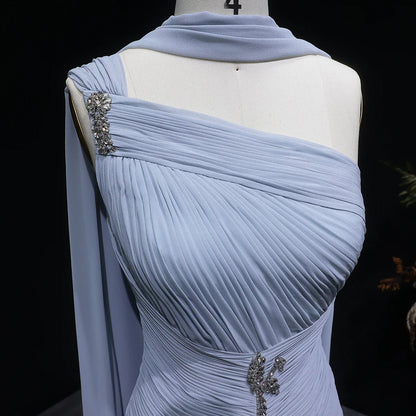 Dusty Blue One-Shoulder Chiffon Gown with Ruched Bodice & Crystal Brooch