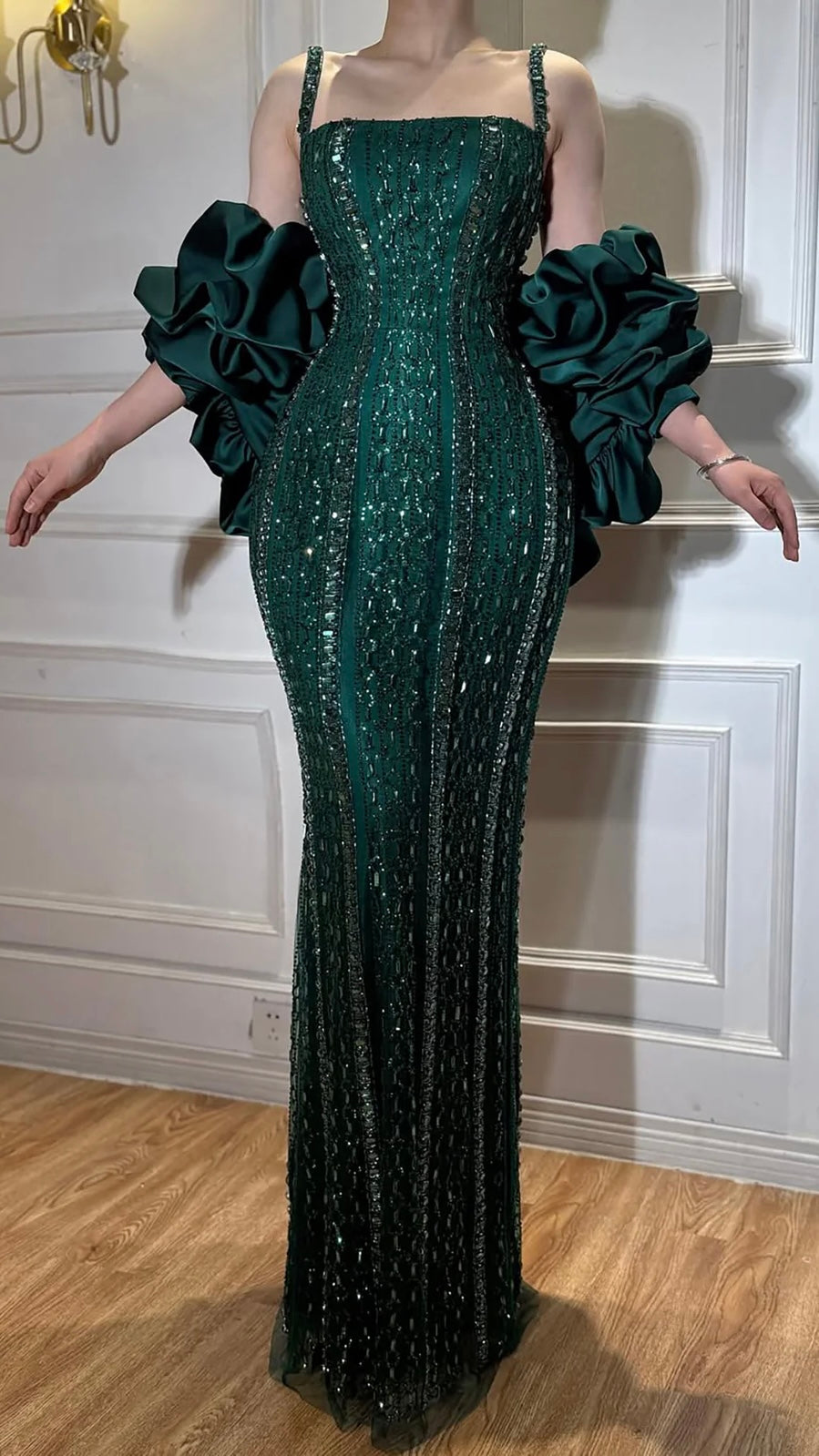 Luxury Slim-Fit Gown with Grand Satin Puff Sleeves