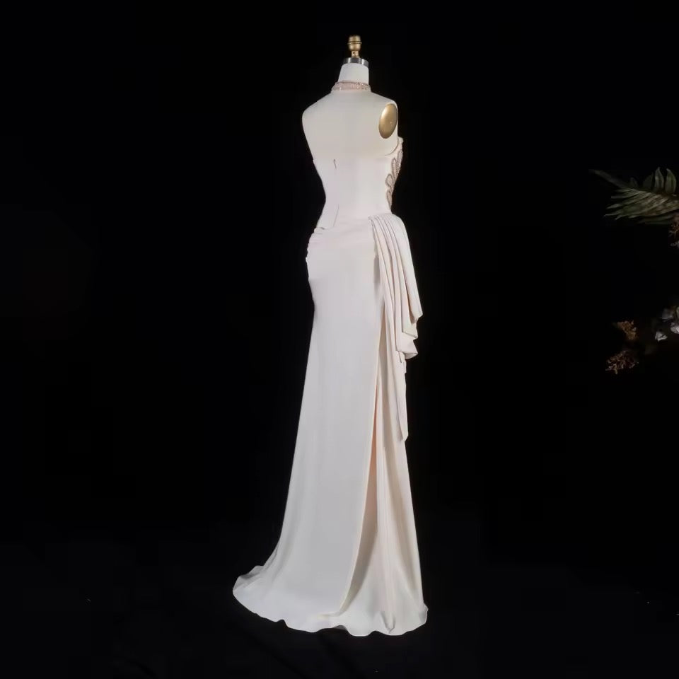 Luxury Ivory Gown with Crystal Embroidery and Side Draping